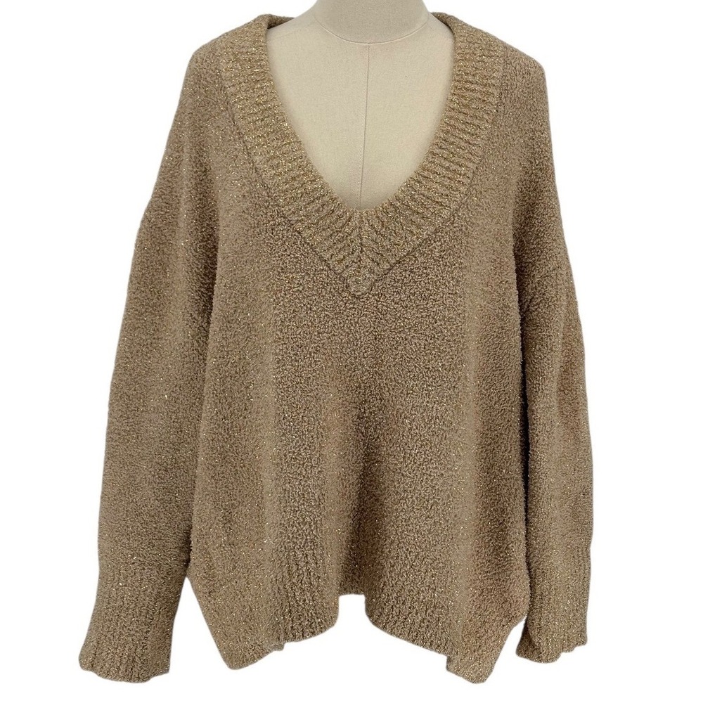AVA & VIV Women's 1X V Neck Pullover Sweater Metallic Gold Sparkle Cozy